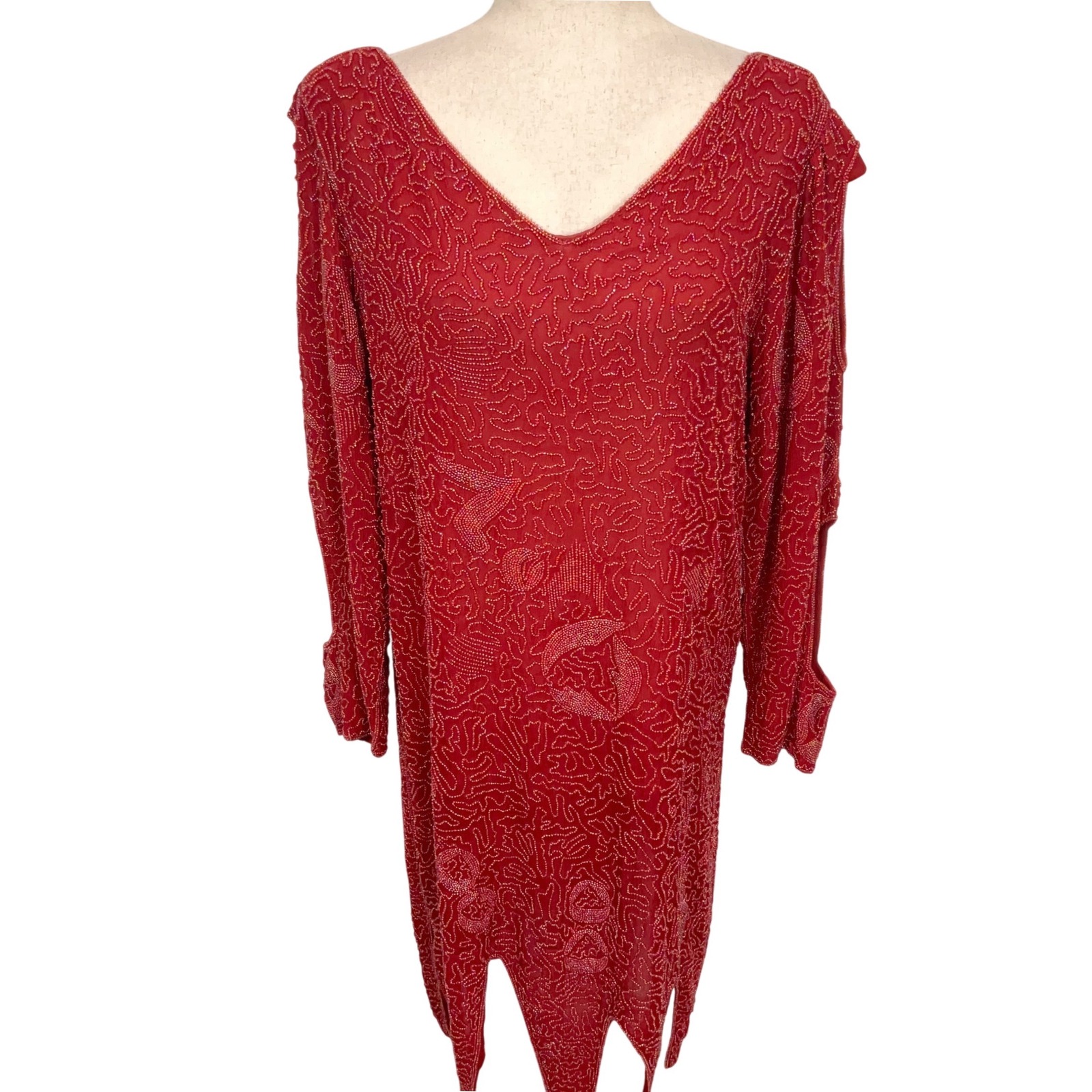 Vintage Dress Womens Large Red Gatsby All Bead Sharkbite Statement Glam Silk